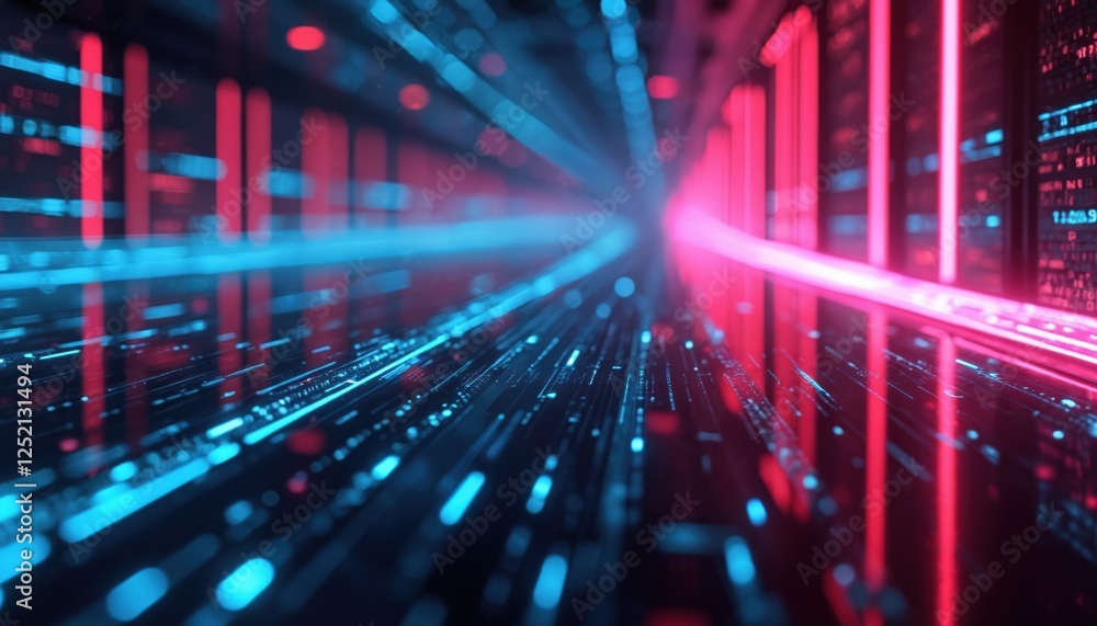 Poster illustration of abstract futuristic background with lines for network, big data. blue, pink neon lig