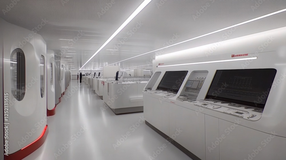 Poster a cleanroom electronics production line assembling circuit boards with high-tech machinery.