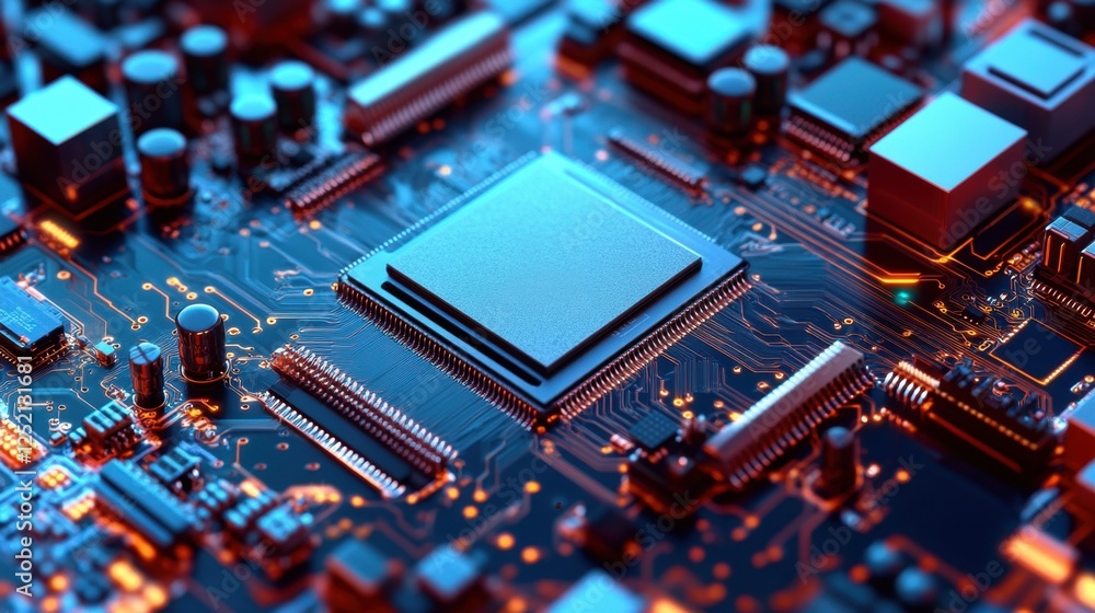 Poster a cleanroom electronics production line assembling circuit boards with high-tech machinery.