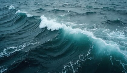 Fototapeta premium Turbulent waters of Norwegian Sea with intense waves. Stormy, dangerous, powerful Nordic maritime scenery of nature landscape from aerial view. Remote huge scenic oceanic panorama.