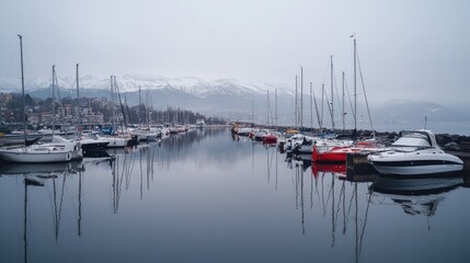 Fototapeta premium Misty harbor, boats moored, mountains background, calm waters, travel postcard