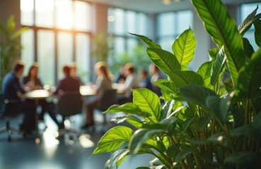Bright modern office with green plants. Team collaboration meeting in open space. Corporate employees brainstorm at desk, illuminated by sunlight. Workspace with focus on eco friendly environment.
