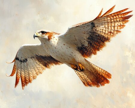 Hawk in a flight trainera??s suit, scouting from high thermals, sharp-eyed, powerful, skilled
