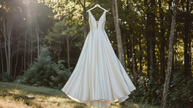 Silk crepe wedding dress suspended, clean lines, modern cut, architectural pleating, deep V-back, invisible zipper, professional photography.