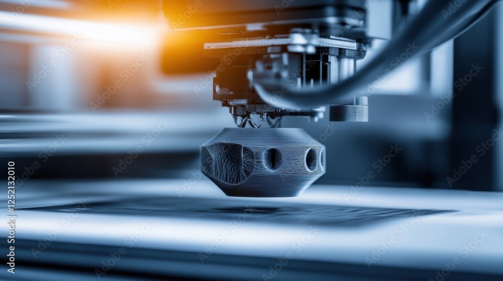 Poster a close-up of a hybrid process where a metal part is being printed and milled in the same cycle.