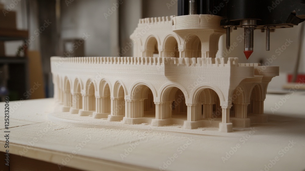 Poster a close-up of a laser sintering d printer building a complex structure.
