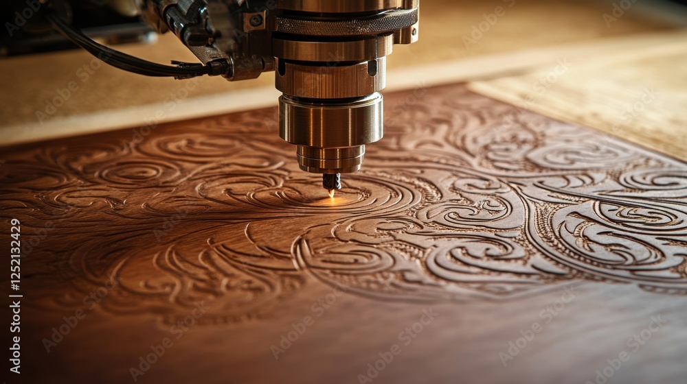 Poster a cnc router cutting intricate patterns into a wooden board.