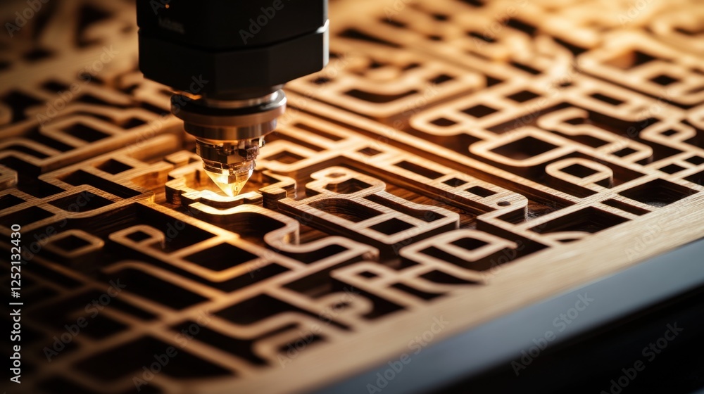 Poster a cnc router cutting intricate patterns into a wooden board.