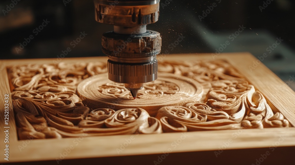 Poster a cnc router cutting intricate patterns into a wooden board.