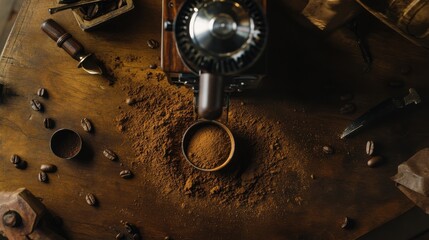 A top-down view of a coffee grinder mid-operation, with freshly ground coffee spilling onto a clean wooden surface, surrounded by coffee-making tools.