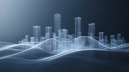 Wireframe city skyline on wavy terrain; futuristic urban design concept