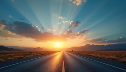 Asphalt road stretches towards horizon at bright sunset. Sun rays pierce clouds, illuminating sky. Empty highway symbolizing freedom, travel, and escape, with mountains in background, nature scenery.