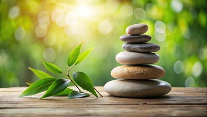 Obraz premium Peaceful Zen stone stack with natural elements , natural beauty , interior design, natural beauty