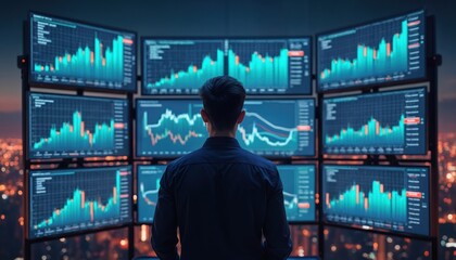 The AI illustration shows trader studies stock market charts on multi monitor workstations, employing mobile app analytics for investment growth. Night city lights view from window.