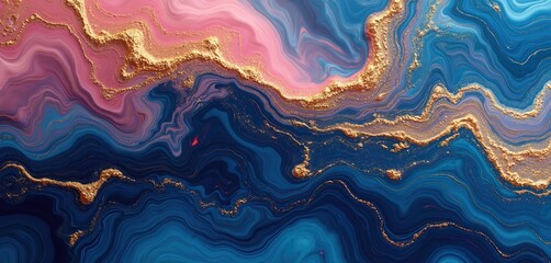 Luxury fluid art texture with gold veins on blue, pink colors mixing. Abstract illustration of liquid marble imitation with veins pattern, golden foil decoration on blue, rose shades, watercolor