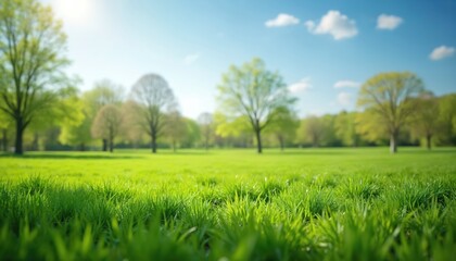 Green lawn with fresh grass on sunny spring day. Trees with foliage against blurred nature background with blue sky and clouds. Ecology, environment and relaxation themes.
