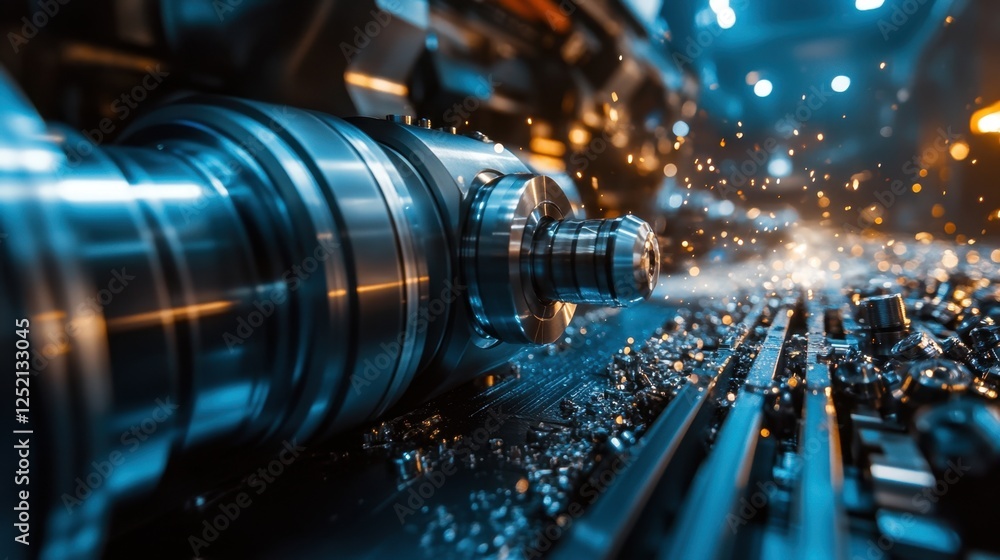 Poster a detailed view of a cnc machining process on a high-performance alloy.
