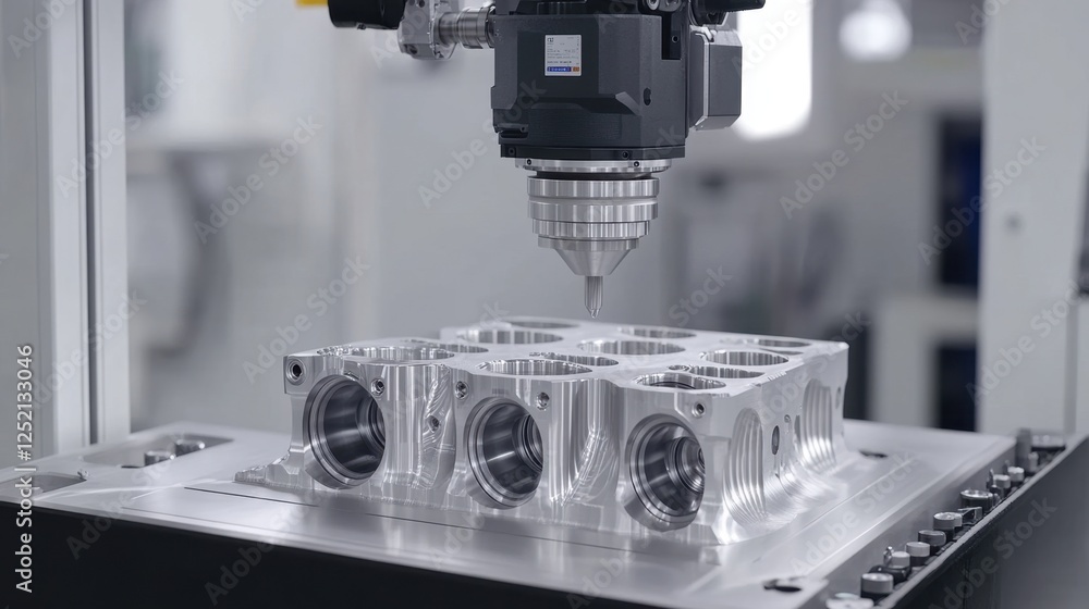 Poster a detailed view of a cnc machining process on a high-performance alloy.