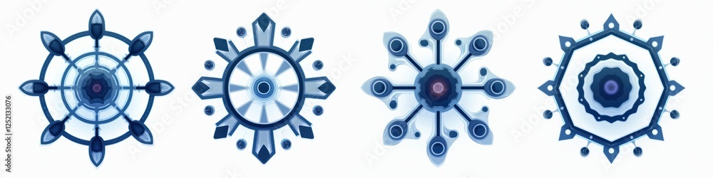 Poster illustration shows neural network logo set, icons isolated on transparent background. ai algorithm s