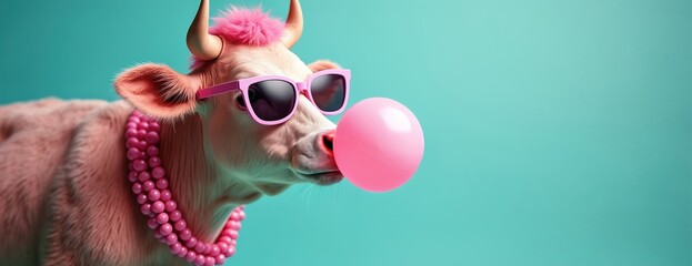 Stylish pink cow with bubble gum, sunglasses, pink hair, beads. Cool bovine blowing bubble. Funny farm animal on turquoise background. Summer mood, fun, joy and creativity.