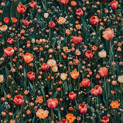 Seamless tulip flower pattern with vibrant red, orange, and pink blooms in lush greenery