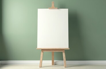 Easel with blank canvas stands in minimalist room, sage green wall background. Wooden tripod for artist painter studio presentation. Mockup template of empty board for exhibition. Artwork creation