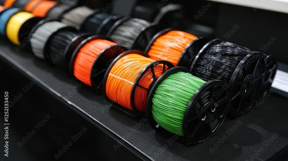 Aufkleber a display of different d printing filaments and materials used in production.
