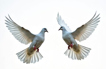 Obraz premium Two white doves fly with spread wings. Pigeons isolated on clear background, symbolise love, peace. Flying bird couple for wedding card, romantic design. Gentle fauna.