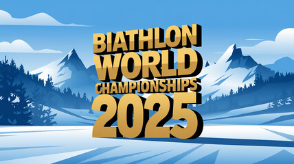 An illustration of the "Biathlon World Championships 2025" in large golden 3D letters against a mountain backdrop