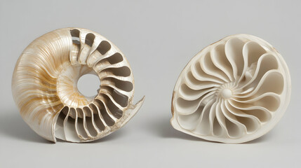 Obraz premium Nautilus shell cross-section, spiral chambers, nature study, gray background, educational