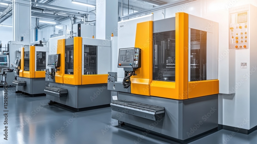 Poster a factory floor filled with high-tech cnc machines for mass production.