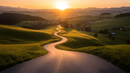 Obraz premium Winding road sunset, hills, village, journey