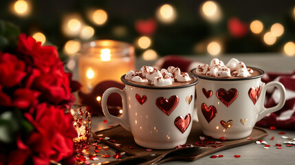 Fototapeta premium Romantic Valentine's Day Evening with Hot Cocoa and Heart Marshmallows