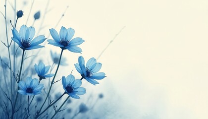 Illustration of wild blue flowers banner on light background. Cyanotype print art with floral design elements. Botanical composition. Spring flower background for cards, invitations. Copy space on