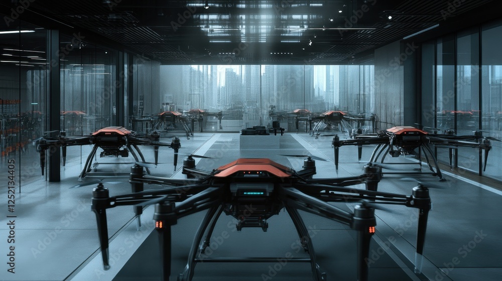 Poster a futuristic drone fleet managing real-time inventory in an automated facility.