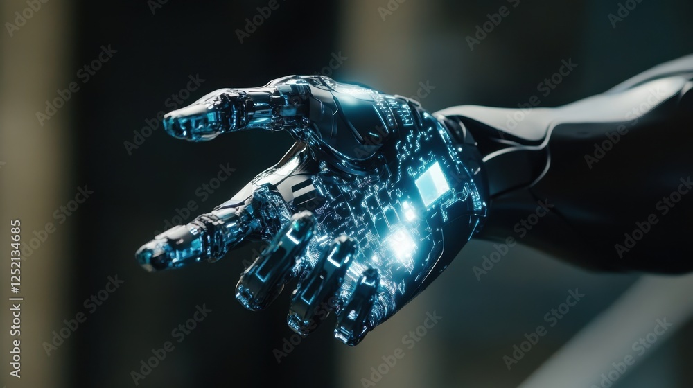 Poster a futuristic self-operating robotic arm assembling microchips.