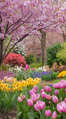 桜と色とりどりの花が咲く日本庭園の春の風景。スマートフォン9:16のアスペクト比	