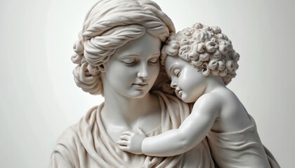 Obraz premium Marble sculpture of mother hugs child tenderly. Statue art motherhood, maternity, childhood. Ancient religious woman figurine, virgin Mary with baby Jesus. Kindness, love concept illustration for