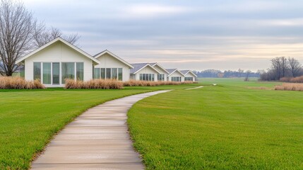 Fototapeta premium Modern houses, grassy path, farmland background; real estate