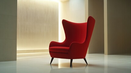 An elegant, high-backed red chair placed in a spacious, minimalist room with soft lighting and a calming, clean aesthetic.