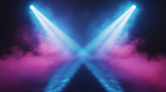 Symmetrical Dual Spotlights on a Smoky Stage with Blue and Purple Hues. Copy space. Generative AI