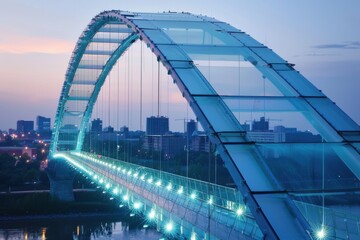 Obraz premium Modern glass arch bridge glowing with ambient lights spans an urban skyline at dusk light blue glow along pathway & structure.