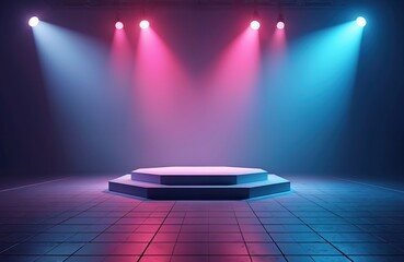 Illustration features stage with blue, pink lights illuminating dance floor. Spotlights, floodlights shine. Generative AI illustration perfect for virtual events, concerts, shows, party backgrounds.