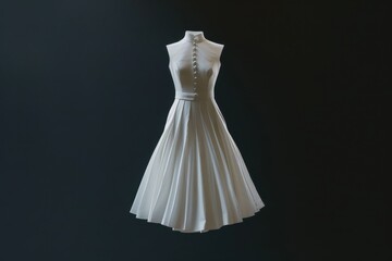 Suspended minimalist white crepe sheath dress, high neck, button detail on back, clean lines, architectural pleating, professional side lighting.