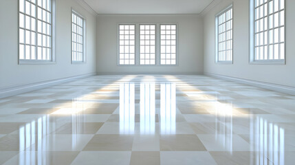 Obraz premium Sunlight in empty room, checkered floor, architecture design