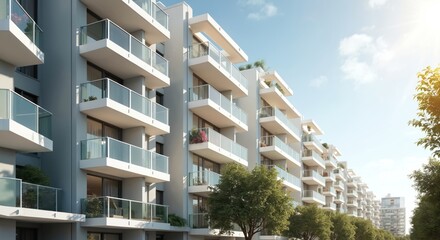 Modern white apartment building with glass balconies in sunlight. Real estate residential complex exterior. New home, blue sky, windows, facades structure, urban construction and architecture.