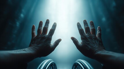 Aged Hands Reaching Upward In Light