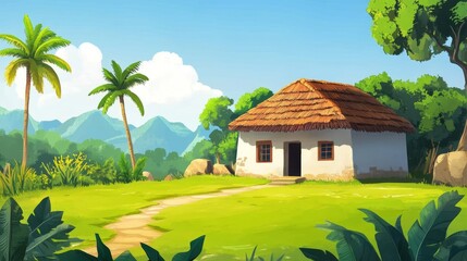 Illustration of Indian village house, Indian Village background for cartoon