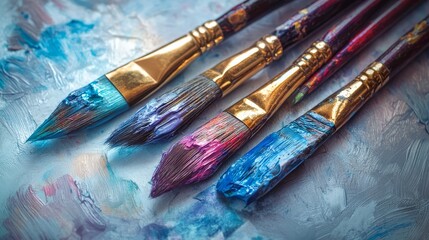 Obraz premium Row of artist paintbrushes closeup on white. Artistic brushes smeared with paints on white background.