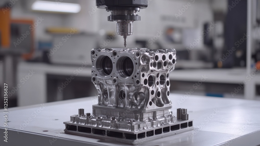 Poster a milling machine working on a high-performance automotive engine block.